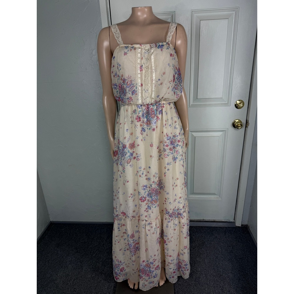Vintage 70s Dress Cottage Prairie Party Bohemian Floral Cotton Maxi Lace U17